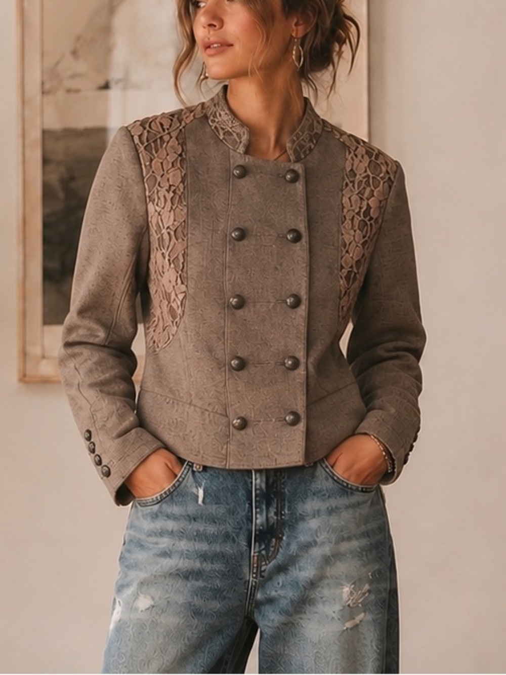 Free People Military Lace Double Breasted Cropped Peplum Tan Black Jacket 6 - Picture 2 of 8